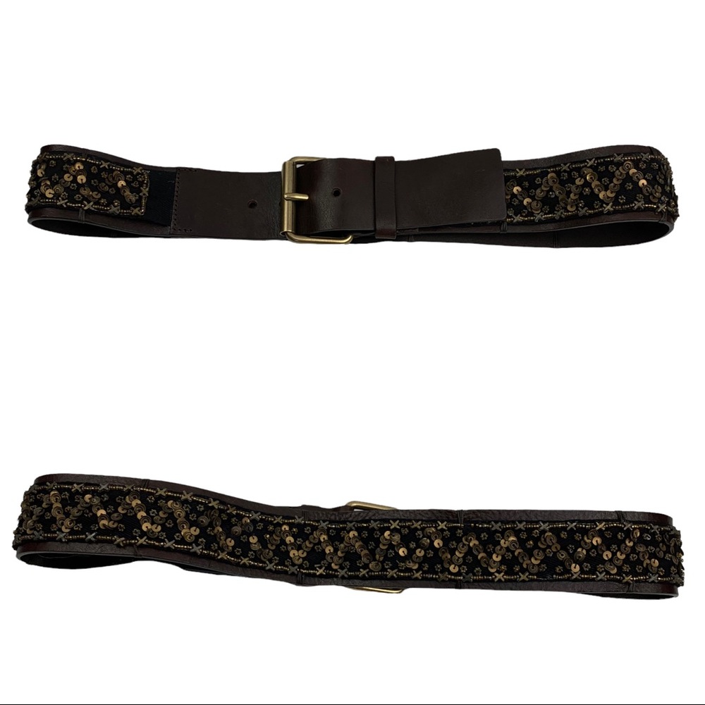 Weekend Max Mara Brown Leather Sequined Beaded Embellished Belt Made in Italy M